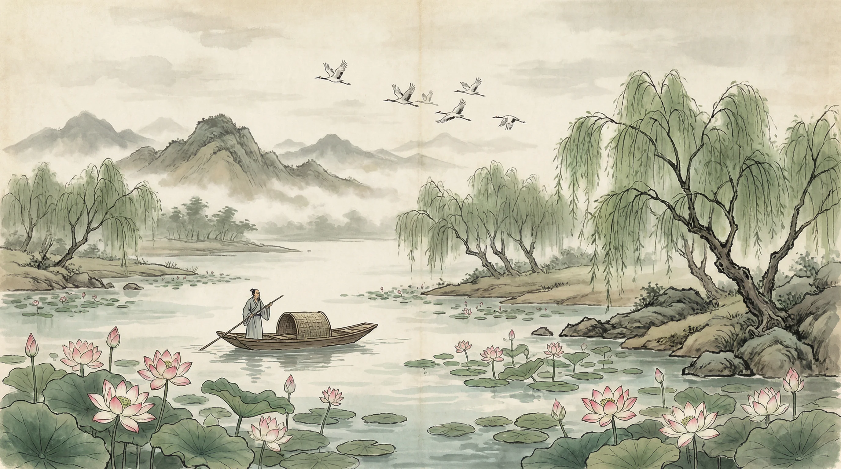 荷塘泛舟水墨画，与 盛世棋牌2 禅意相映